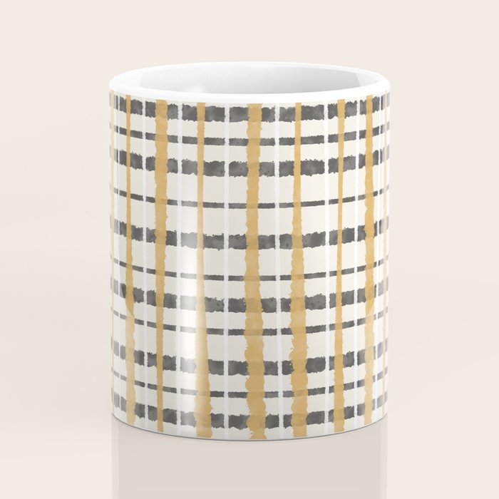 Hygge Plaid Painted Stripe Pattern Ochre Charcoal Cream Coffee Mug Gallery Image 4