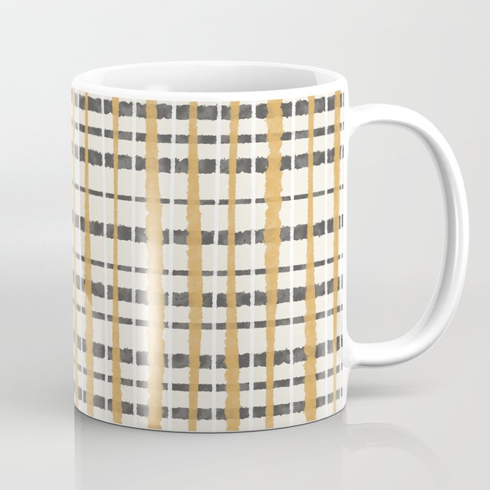 Hygge Plaid Painted Stripe Pattern Ochre Charcoal Cream Coffee Mug Gallery Image 1