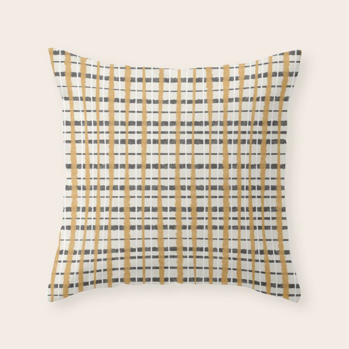 Hygge Plaid Painted Stripe Pattern Ochre Charcoal Cream Throw Pillow Gallery Image 6