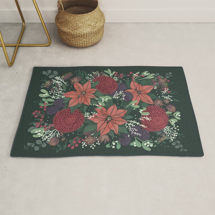Wild Flowers Winter Bouquet (Enchanting Hidden Monsters in Dark Floral) Rug Gallery Image 1