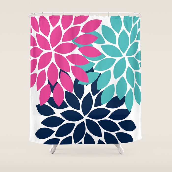 Bold Colorful Hot Pink Turquoise Navy Dahlia Flower Burst Petals Shower Curtain Gallery Image 1