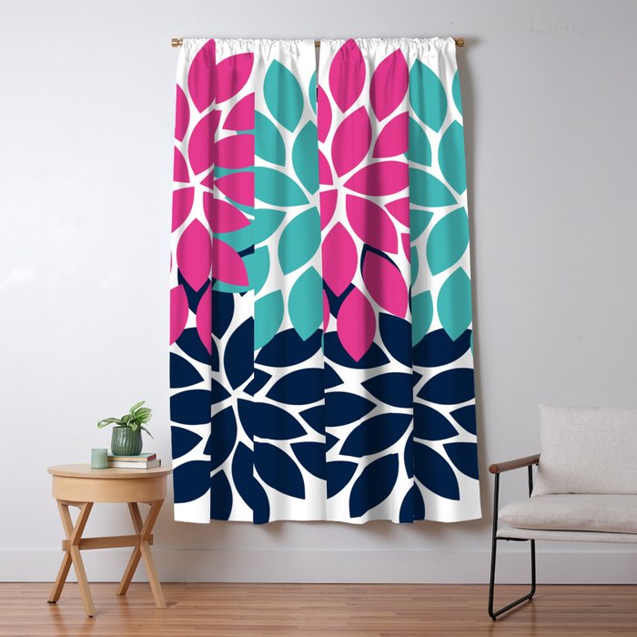 Bold Colorful Hot Pink Turquoise Navy Dahlia Flower Burst Petals Window Curtain Gallery Image 5