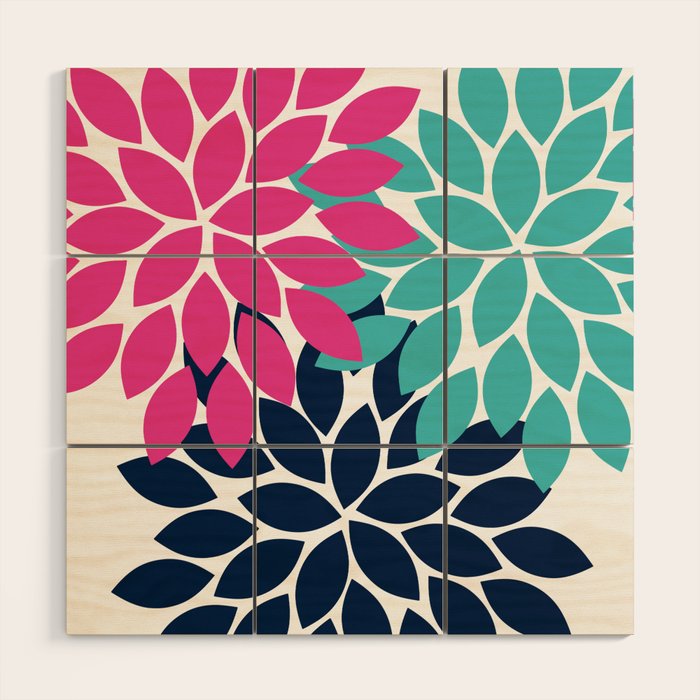 Bold Colorful Hot Pink Turquoise Navy Dahlia Flower Burst Petals Wood Wall Art Gallery Image 1