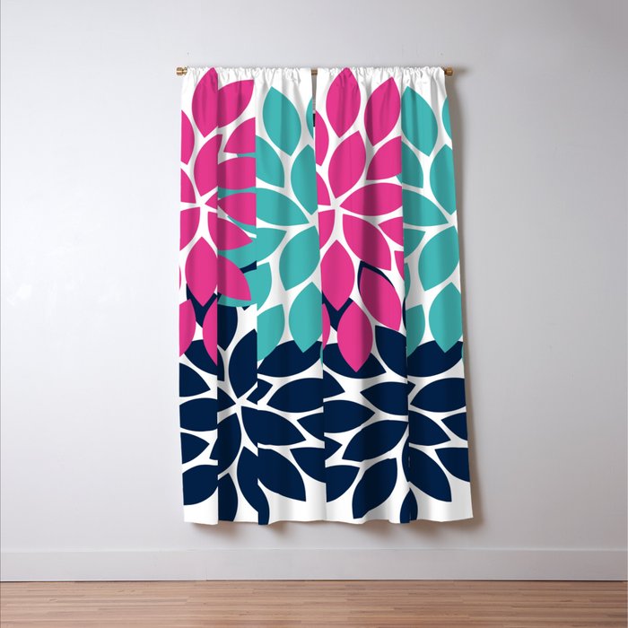 Bold Colorful Hot Pink Turquoise Navy Dahlia Flower Burst Petals Window Curtain Gallery Image 3