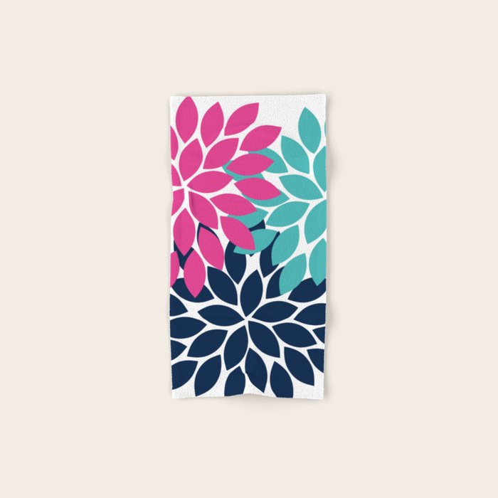 Bold Colorful Hot Pink Turquoise Navy Dahlia Flower Burst Petals Bath Towel Gallery Image 1