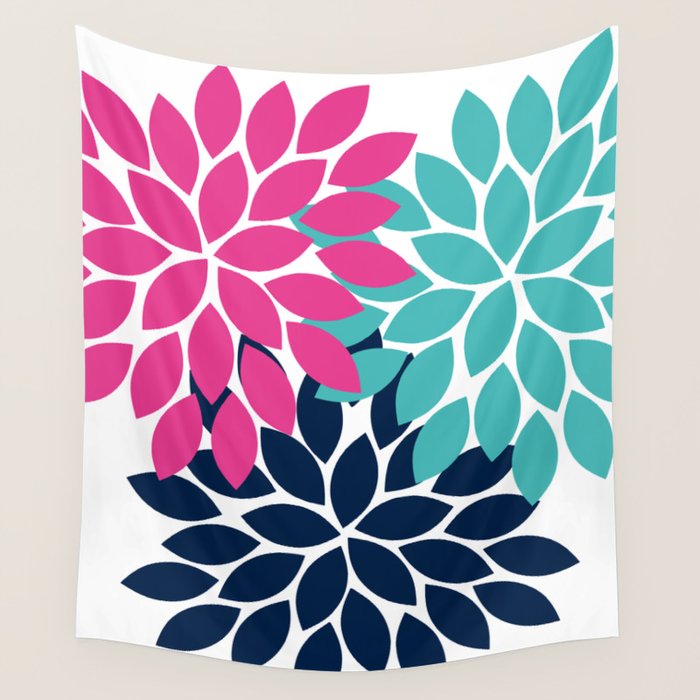 Bold Colorful Hot Pink Turquoise Navy Dahlia Flower Burst Petals Wall Tapestry
