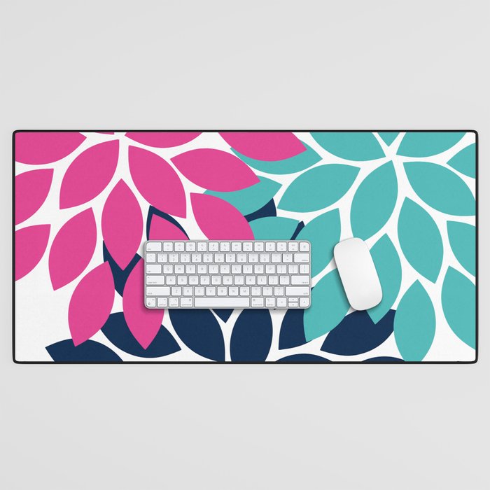 Bold Colorful Hot Pink Turquoise Navy Dahlia Flower Burst Petals Desk Mat Gallery Image 1