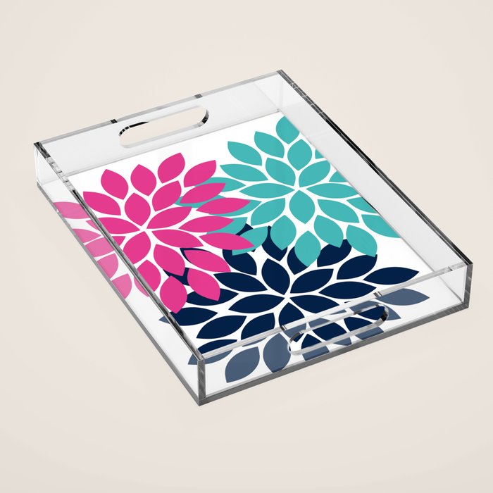 Bold Colorful Hot Pink Turquoise Navy Dahlia Flower Burst Petals Acrylic Tray Gallery Image 1