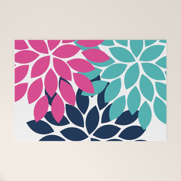 Bold Colorful Hot Pink Turquoise Navy Dahlia Flower Burst Petals Welcome Mat Gallery Image 1