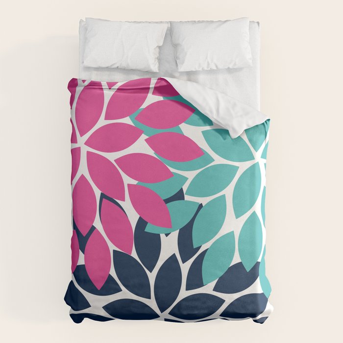 Bold Colorful Hot Pink Turquoise Navy Dahlia Flower Burst Petals Duvet Cover Gallery Image 6