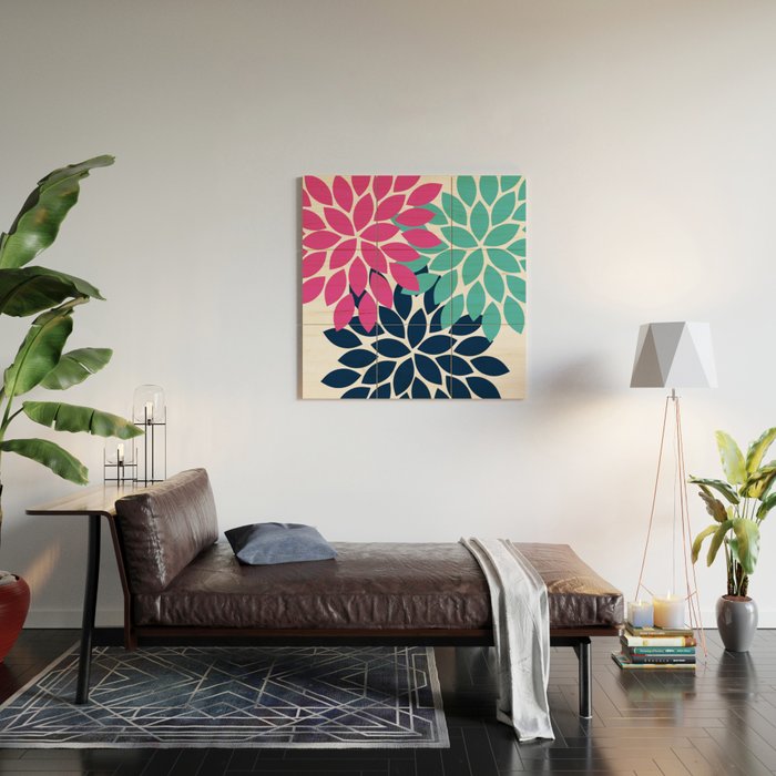 Bold Colorful Hot Pink Turquoise Navy Dahlia Flower Burst Petals Wood Wall Art Gallery Image 2
