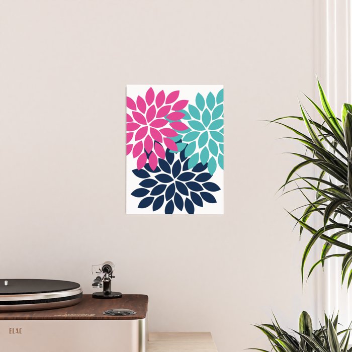 Bold Colorful Hot Pink Turquoise Navy Dahlia Flower Burst Petals Poster Gallery Image 2