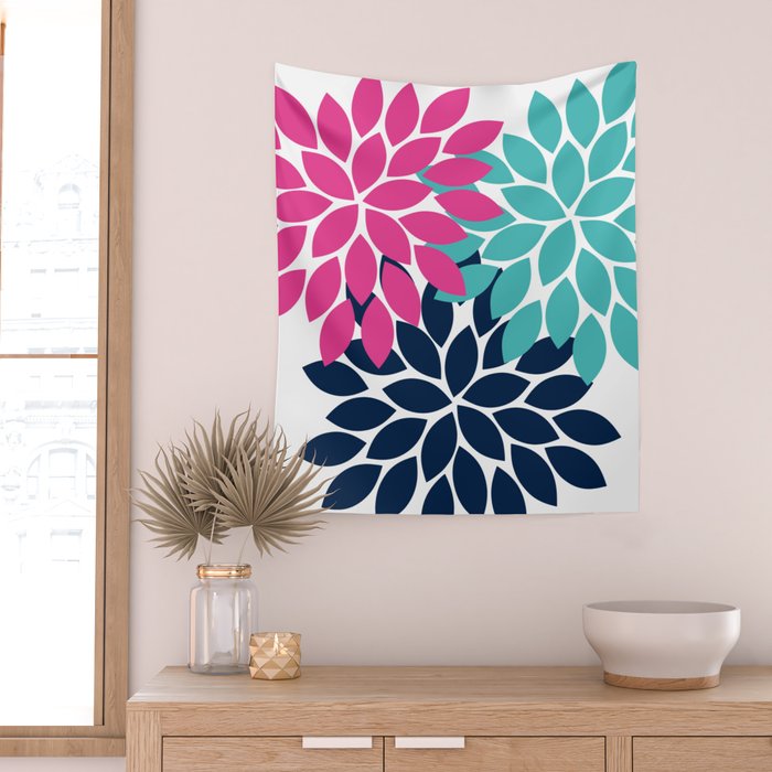 Bold Colorful Hot Pink Turquoise Navy Dahlia Flower Burst Petals Wall Tapestry Gallery Image 2