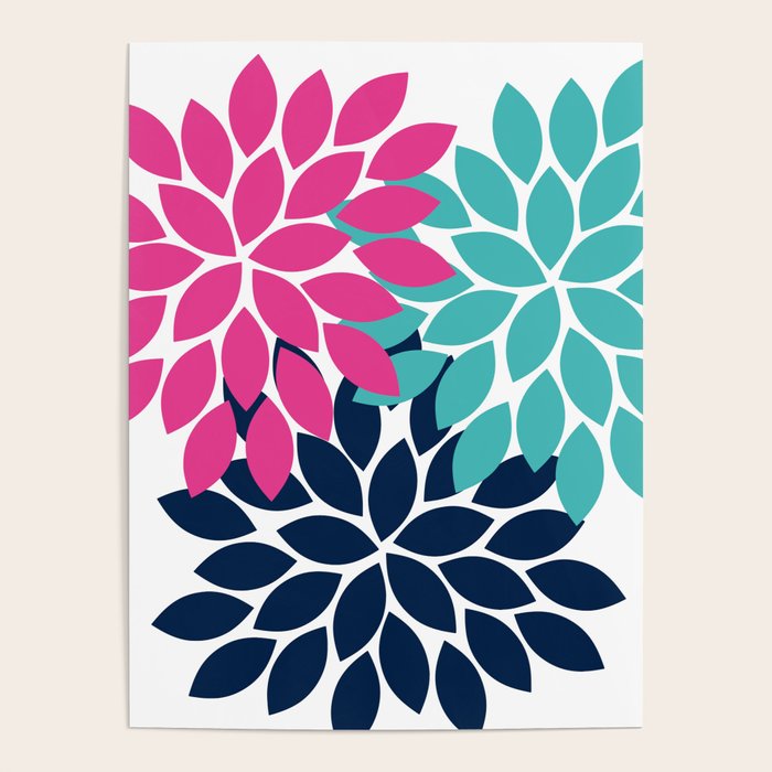 Bold Colorful Hot Pink Turquoise Navy Dahlia Flower Burst Petals Poster Gallery Image 4