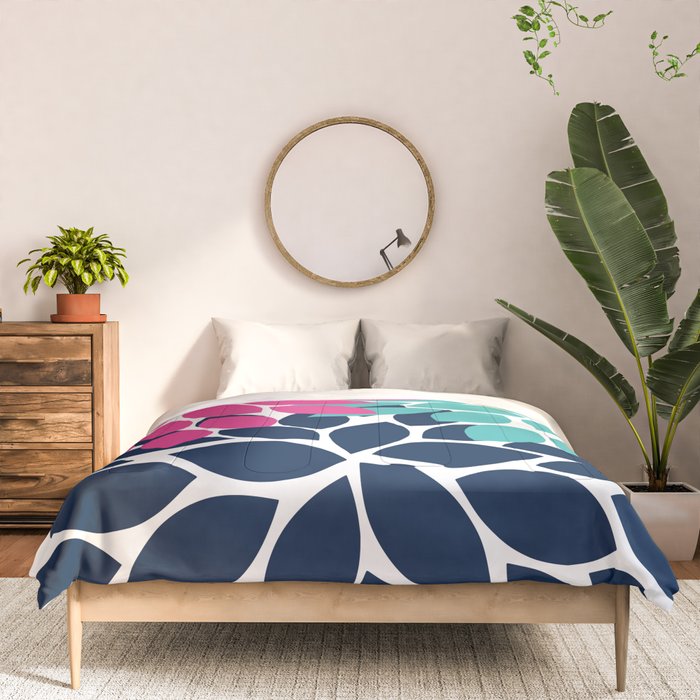 Bold Colorful Hot Pink Turquoise Navy Dahlia Flower Burst Petals Comforter Gallery Image 3