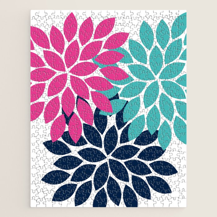 Bold Colorful Hot Pink Turquoise Navy Dahlia Flower Burst Petals Jigsaw Puzzle Gallery Image 1