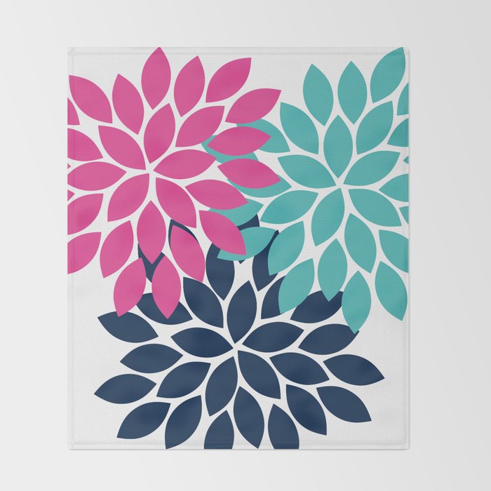 Bold Colorful Hot Pink Turquoise Navy Dahlia Flower Burst Petals Throw Blanket Gallery Image 2