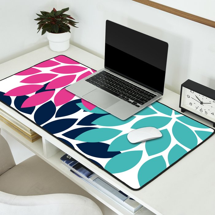 Bold Colorful Hot Pink Turquoise Navy Dahlia Flower Burst Petals Desk Mat Gallery Image 2