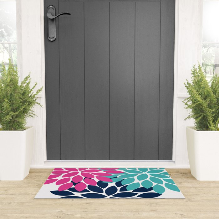 Bold Colorful Hot Pink Turquoise Navy Dahlia Flower Burst Petals Welcome Mat Gallery Image 3