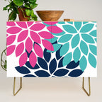 Bold Colorful Hot Pink Turquoise Navy Dahlia Flower Burst Petals Credenza Gallery Image 1