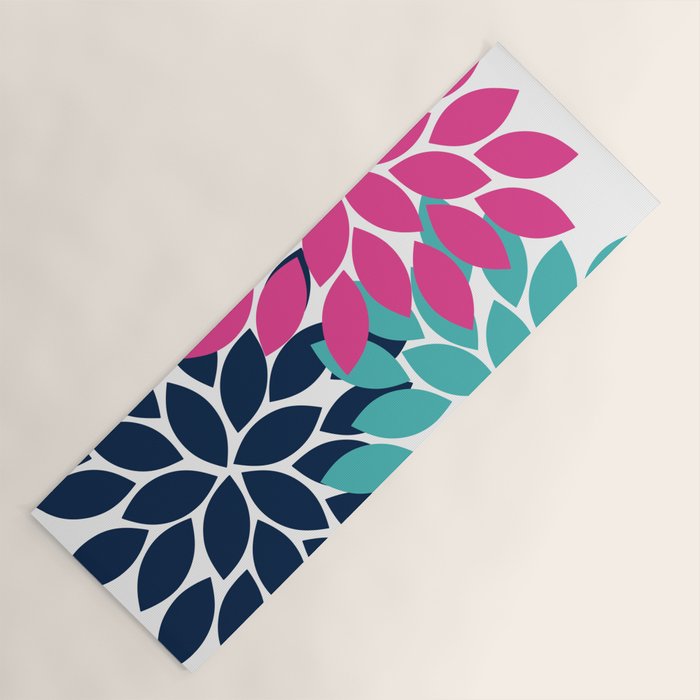 Bold Colorful Hot Pink Turquoise Navy Dahlia Flower Burst Petals Yoga Mat