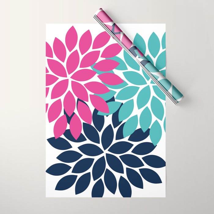 Bold Colorful Hot Pink Turquoise Navy Dahlia Flower Burst Petals Wrapping Paper