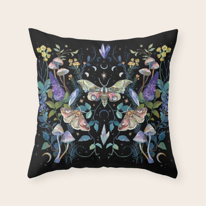 Crystals Moth Mushrooms Throw Pillow Gallery Image 1