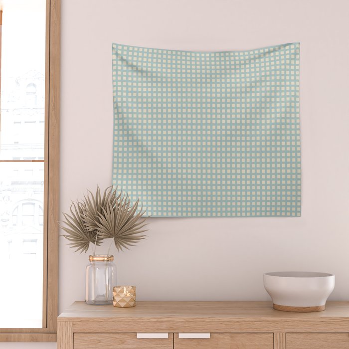 Blue geometric gingham grid art pattern Wall Tapestry Gallery Image 2