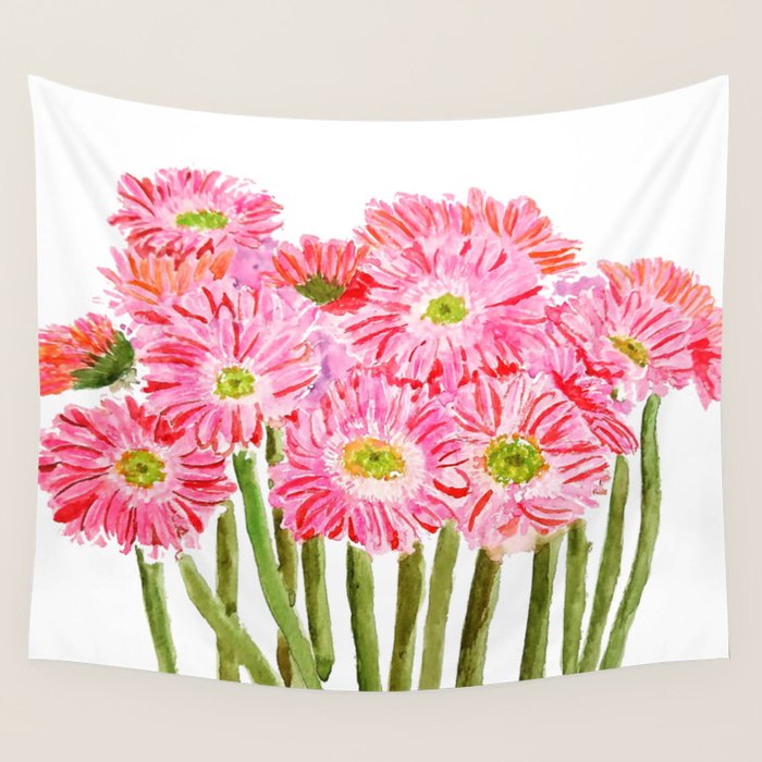 Pink Gerbera Daisy watercolor Wall Tapestry Gallery Image 4