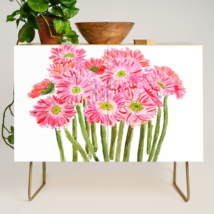 Pink Gerbera Daisy watercolor Credenza Gallery Image 1