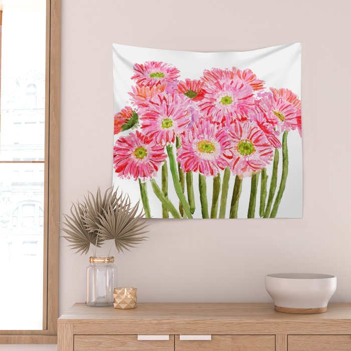 Pink Gerbera Daisy watercolor Wall Tapestry Gallery Image 2