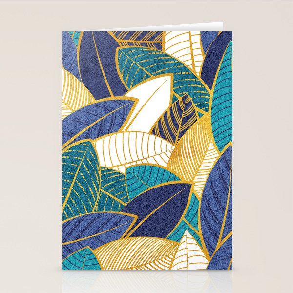 Leaf wall // navy blue royal blue and teal leaves golden lines Stationery Card Gallery Image 2