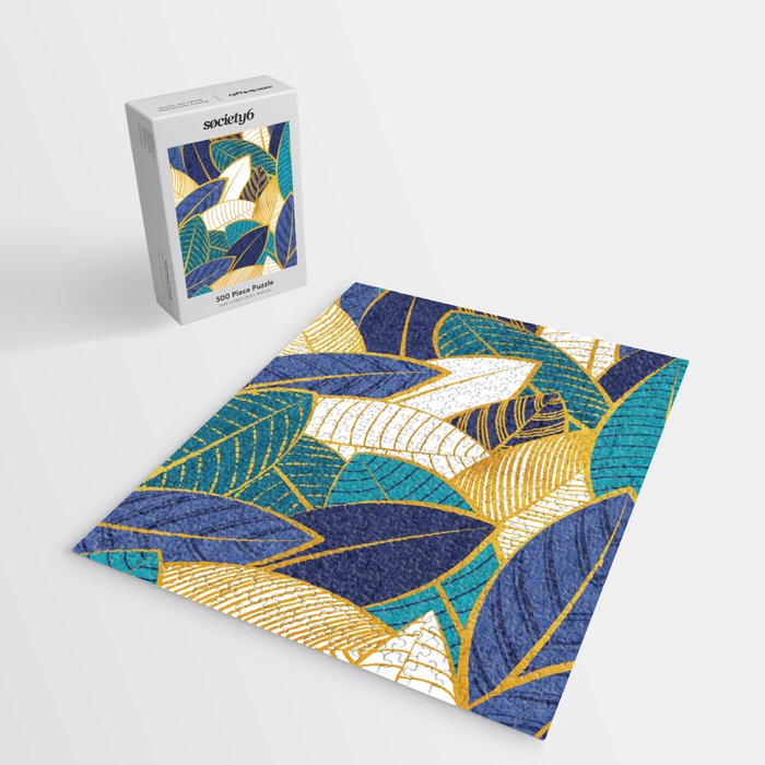 Leaf wall // navy blue royal blue and teal leaves golden lines Jigsaw Puzzle Gallery Image 2