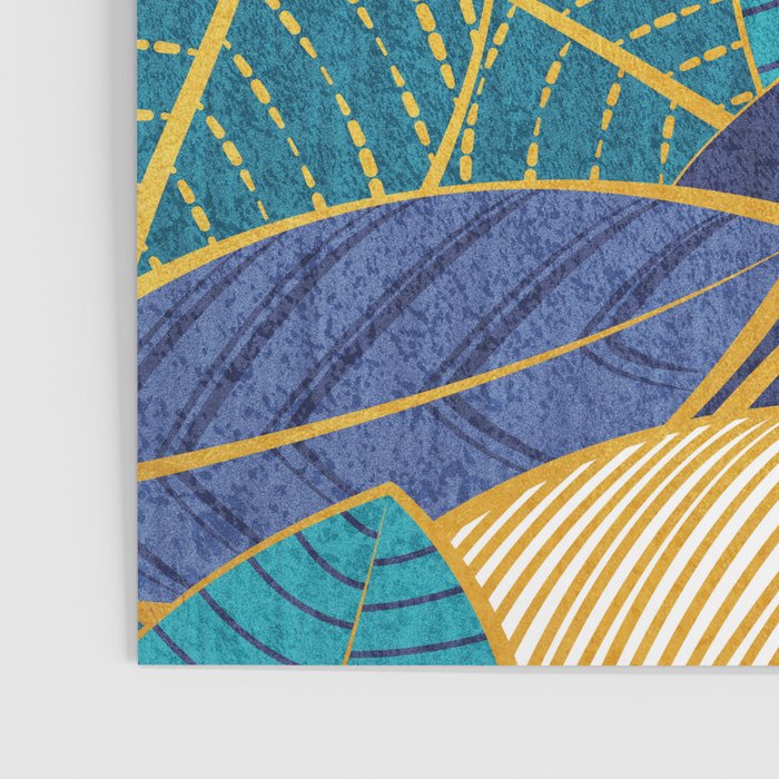 Leaf wall // navy blue royal blue and teal leaves golden lines Poster Gallery Image 3