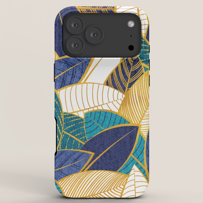 Leaf wall // navy blue royal blue and teal leaves golden lines iPhone Case Gallery Image 8