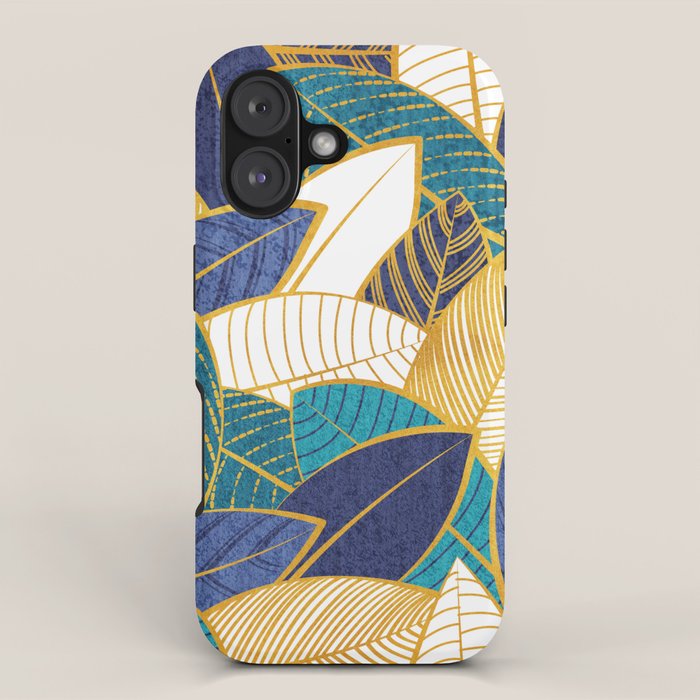 Leaf wall // navy blue royal blue and teal leaves golden lines iPhone Case Gallery Image 1