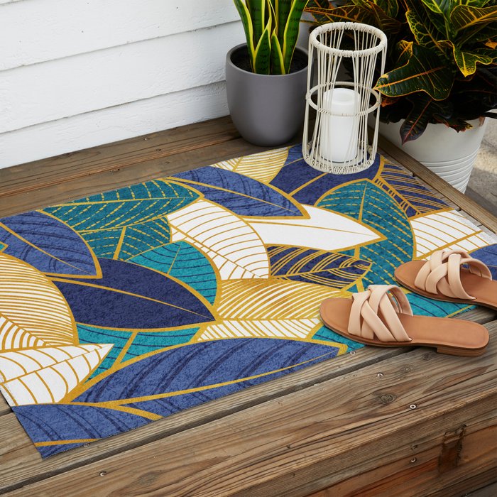 Leaf wall // navy blue royal blue and teal leaves golden lines Outdoor Rug Gallery Image 2