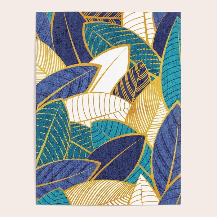 Leaf wall // navy blue royal blue and teal leaves golden lines Poster Gallery Image 1