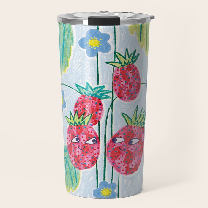 Sweet Strawberry Plant Friends in Yellow & Pink Travel Mug Gallery Image 1