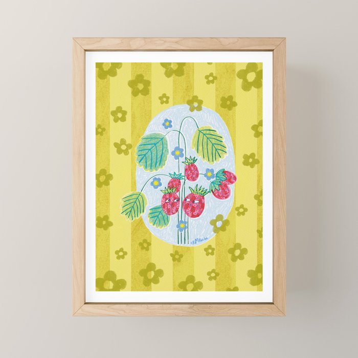 Sweet Strawberry Plant Friends in Yellow & Pink Mini Art Print Gallery Image 1