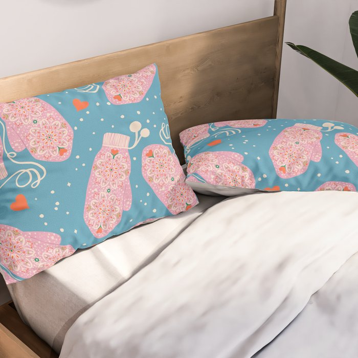 Pink Snowflake Mittens and Hearts on Blue Winter Pattern Pillow Sham Gallery Image 2