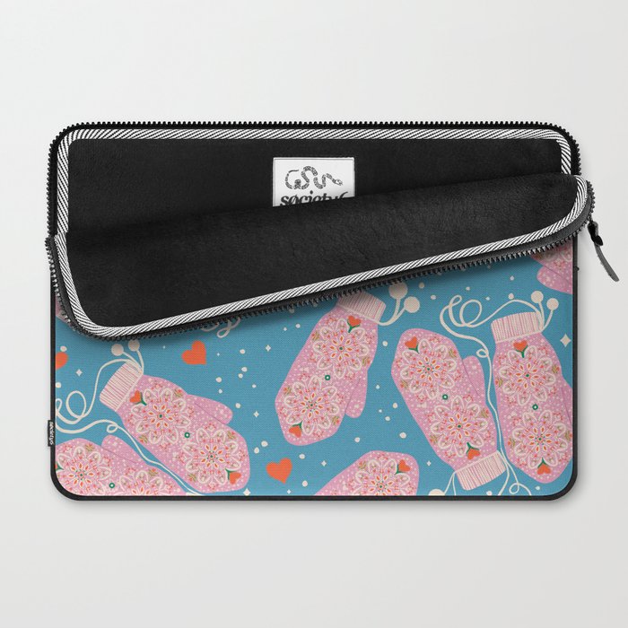 Pink Snowflake Mittens and Hearts on Blue Winter Pattern Laptop Sleeve Gallery Image 2