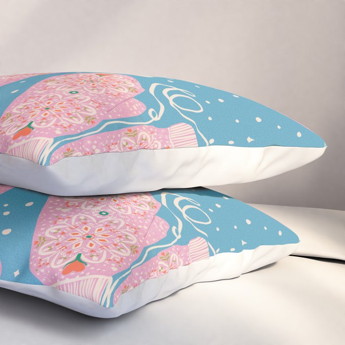Pink Snowflake Mittens and Hearts on Blue Winter Pattern Pillow Sham Gallery Image 3