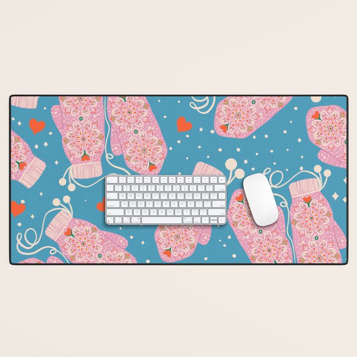 Pink Snowflake Mittens and Hearts on Blue Winter Pattern Desk Mat Gallery Image 1