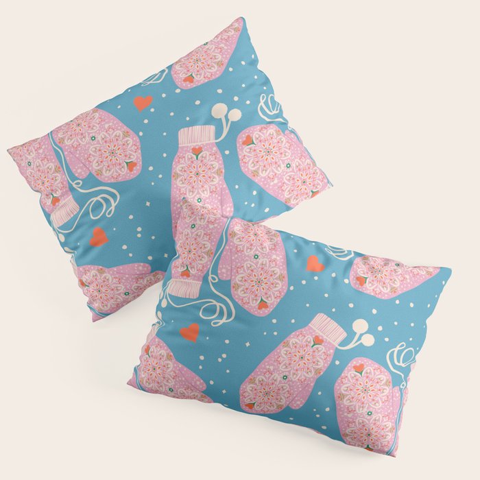 Pink Snowflake Mittens and Hearts on Blue Winter Pattern Pillow Sham Gallery Image 1