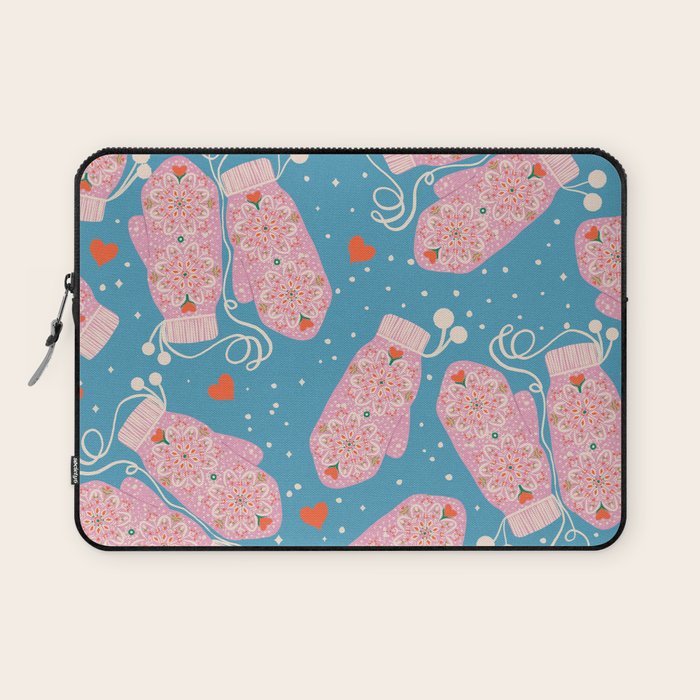 Pink Snowflake Mittens and Hearts on Blue Winter Pattern Laptop Sleeve Gallery Image 1