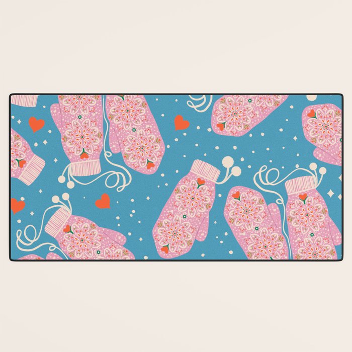 Pink Snowflake Mittens and Hearts on Blue Winter Pattern Desk Mat Gallery Image 3