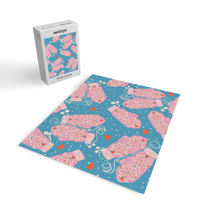 Pink Snowflake Mittens and Hearts on Blue Winter Pattern Jigsaw Puzzle Gallery Image 2