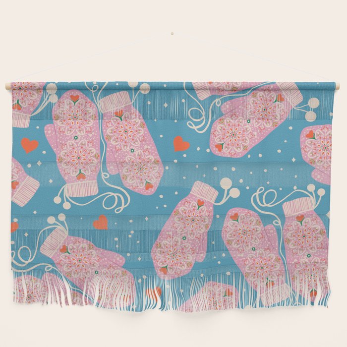 Pink Snowflake Mittens and Hearts on Blue Winter Pattern Wall Hanging Gallery Image 1