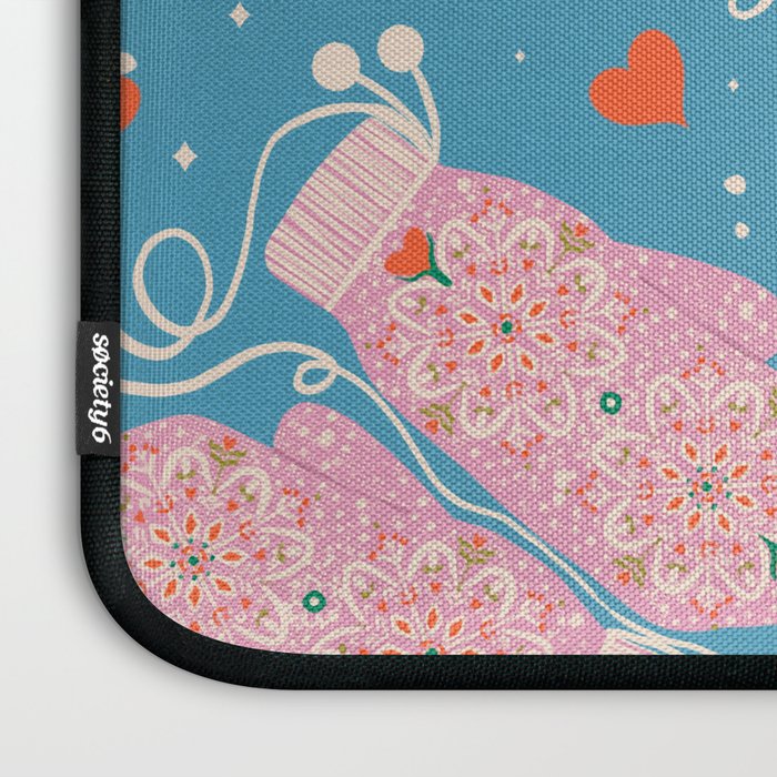 Pink Snowflake Mittens and Hearts on Blue Winter Pattern Laptop Sleeve Gallery Image 3